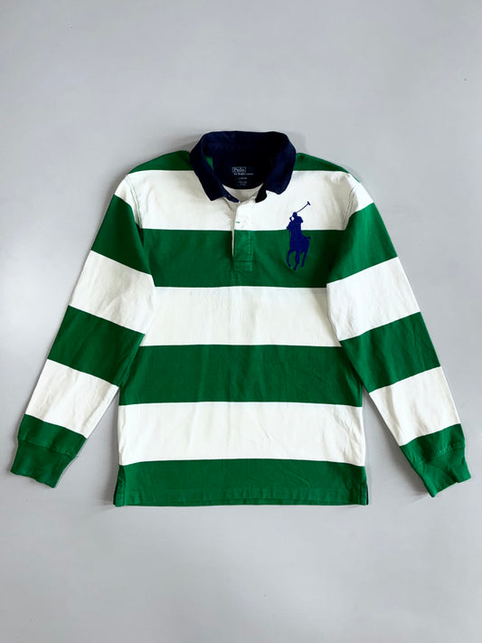 Vintage Polo Ralph Lauren Big Pony Green White Stripe Rugby T-Shirt (S)
