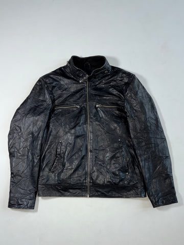 Vintage OWK Black Leather Zip-Up Racer Jacket (M)
