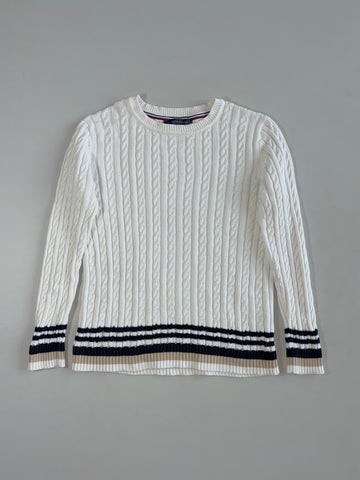 Tommy Hilfiger Cream Cable Knit Sweater with Navy Varsity Stripe Hem (S)
