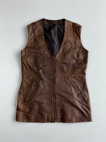 Vintage Brown Leather Sleeveless Vest Dress Women's (M)