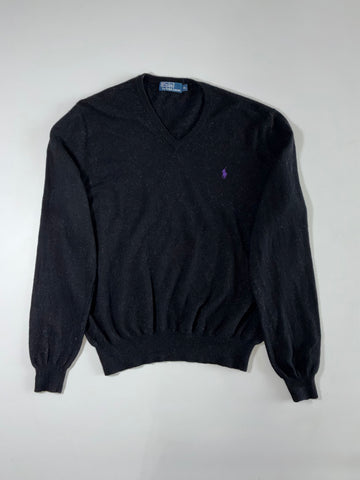 Vintage 90s Polo by Ralph Lauren Black V-Neck Knit Sweater – Purple Pony (XL)
