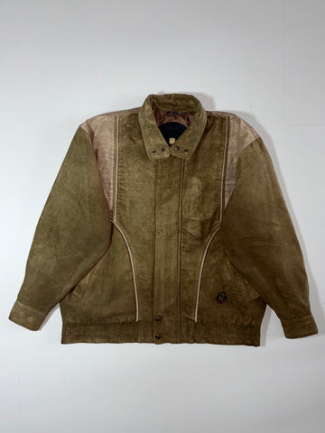 Vintage “Lupo Di Mare” Suede Leather Bomber Jacket Olive Green (XL)