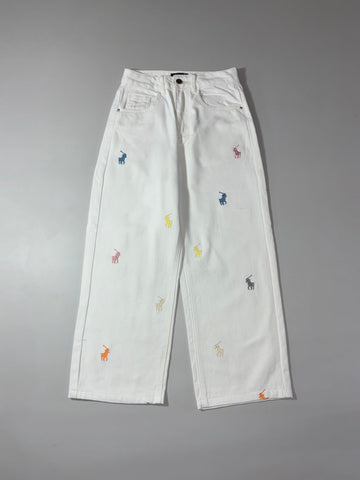 Polo Ralph Lauren White Multicolor Pony Embroidered Wide Leg Jeans (W:26) (L:35.5)