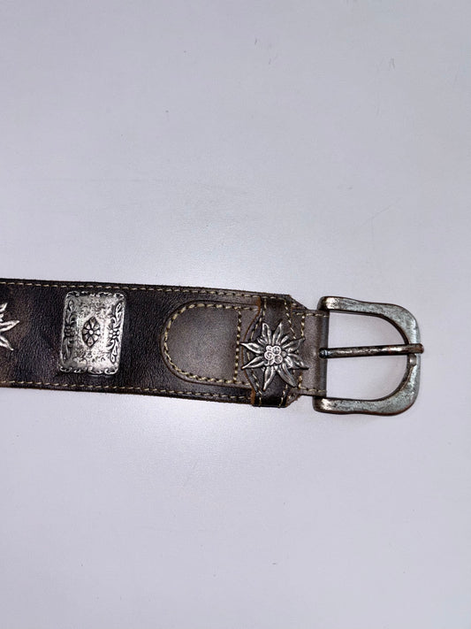 Vintage Bavarian Trachten Genuine Leather Belt with Silver Edelweiss & Concho Hardware (W-34 To 38)