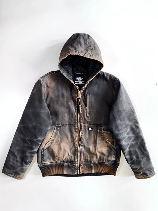 Vintage Dickies Faded Black Canvas Duck Quilted Hooded Work Jacket (XL)