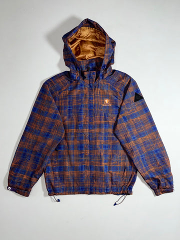 Black Yak Overland Travel Blue & Orange Plaid Hooded Windbreaker Jacket  (S/M)