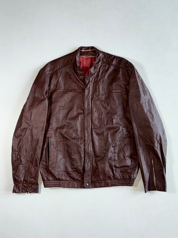Oxblood Brown Leather Café Racer Jacket with Zip Cuffs (L)