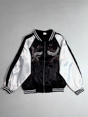 Embroidered Crane Sukajan Souvenir Bomber Jacket – Black/White Satin (S)