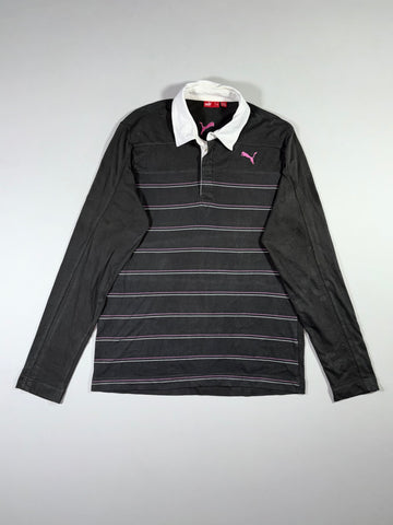 Puma Striped Long Sleeve Rugby Polo — Black/Pink, White Collar (L)
