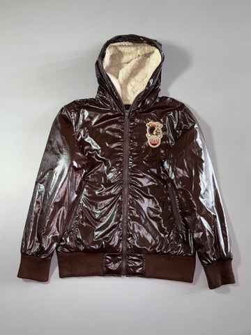 Q.J Glossy Sherpa-Lined Hooded Bomber Jacket – Brown Fuur inside (S)