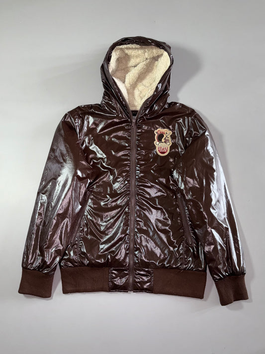 Q.J Glossy Sherpa-Lined Hooded Bomber Jacket – Brown Fuur inside (S)