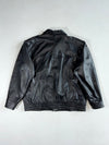 Vintage 90s Black Leather Bomber Jacket – Embroidered Logo Patch, Zip Chest Pockets (XL)