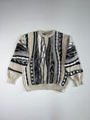 Viaggio 3D Textured Knit Crewneck Sweater, Beige, Black & Grey Abstract Pattern (L/XL)