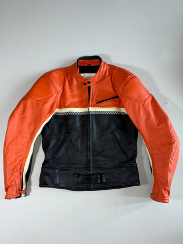 Daly Orange & Black Checkered Cafe Racer Leather Jacket (M)