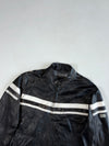 Yes Zee Urban Chic Black Leather Café Racer Jacket – White Racing Stripes, Distressed Finish (L)