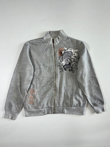 Japanese Koi Fish Embroidered Sukajan-Style Zip Jacket – Grey (XL)