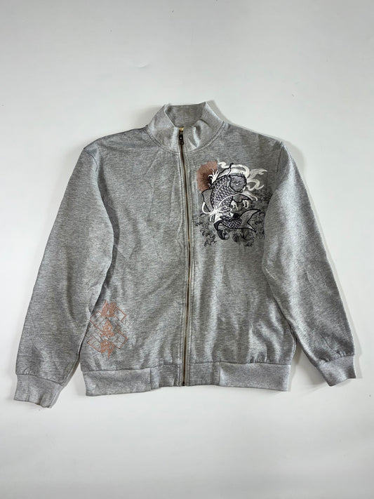 Japanese Koi Fish Embroidered Sukajan-Style Zip Jacket – Grey (XL)
