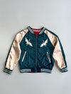 Japanese Souvenir Sukajan Crane Bonsai Embroidered Reversible Satin Bomber Jacket Teal (S)