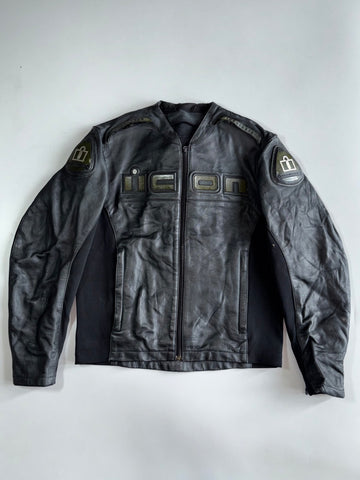 ICON “Accelerant” Black Pure Leather Moto Jacket with Back Hump Armor, Mesh Lining (Paded)(L)