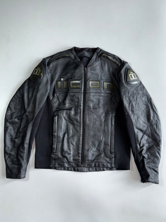 ICON “Accelerant” Black Pure Leather Moto Jacket with Back Hump Armor, Mesh Lining (Paded)(L/XL)