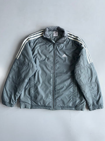 Adidas Fleece-Lined Puffer Jacket – Grey/White Stripes (L)