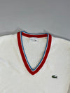 Lacoste! Tipped V-Neck Cricket Sweater – White/Red/Blue (L)