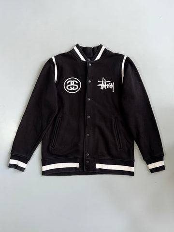 Stussy Worldwide Varsity Jacket  Black Cotton Bomber Style with City Print (L)