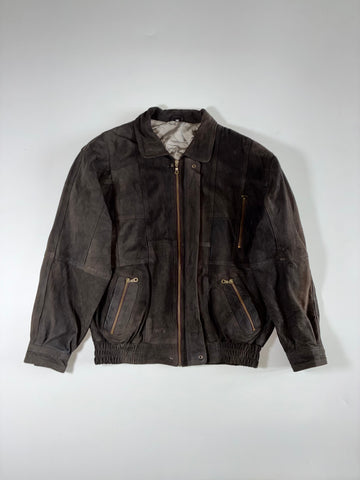Dark Brown Suede-Look Bomber Jacket with Panelled Design & Zip Pockets (XL)