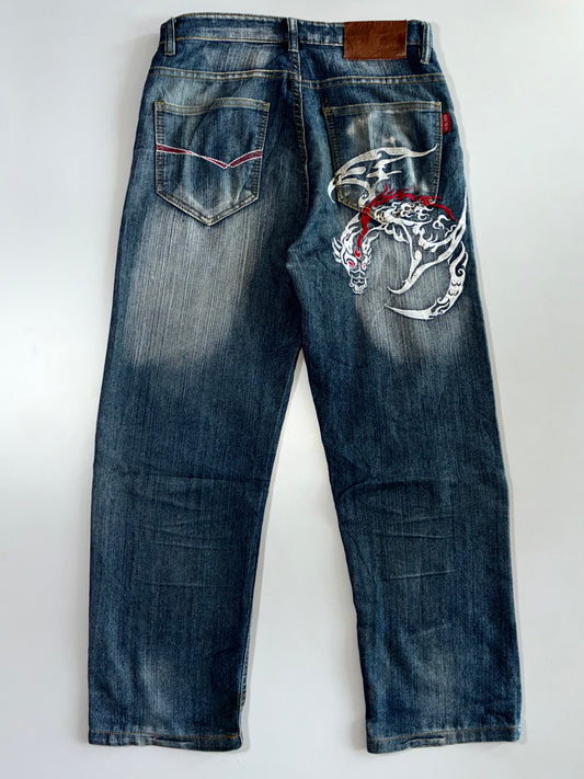 Sheng Yue Han Dragon Embroidered Baggy Jeans(W:30 |L:37)