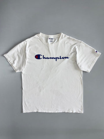 Champion Script Logo Short Sleeve Tee White/Navy (L)