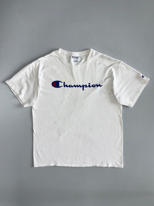 Champion Script Logo Short Sleeve Tee White/Navy (L)
