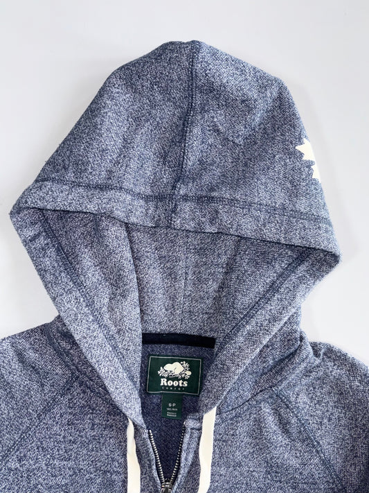 Roots Canada Vancouver Zip Up Hoodie Navy Marl Chenille Arch Lettering (S)