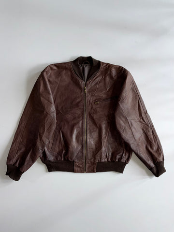 Brown Leather Bomber Jacket with Ribbed Trim (2Xl)