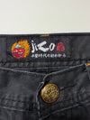 Y2K Japanese Brand Black Denim Jeans – Gold Print Pocket Art, Heian Era Graphics (W:32) (L:37)