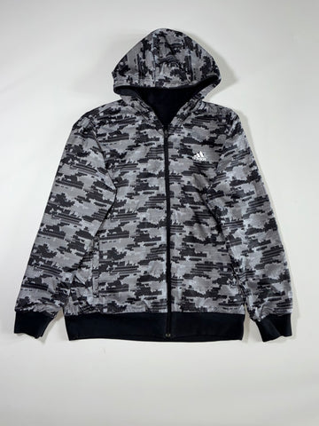 Adidas Camo All-Over Print Full-Zip Hoodie — Grey Black Digital Camouflage Streetwear (L)