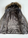 EMC Women’s Dark Brown Leather Hooded Jacket – Faux Fur Trim (M)