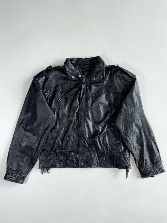 Vintage Black Leather Western Jacket with Lace-Up Fringe Sides & Epaulettes (XL)