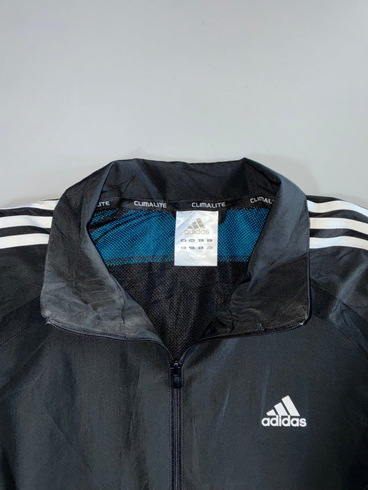 Adidas Climalite 3-Stripe Blue Side Panel Mesh-Lined Black Full-Zip Windbreaker Track Jacket (L/XL)