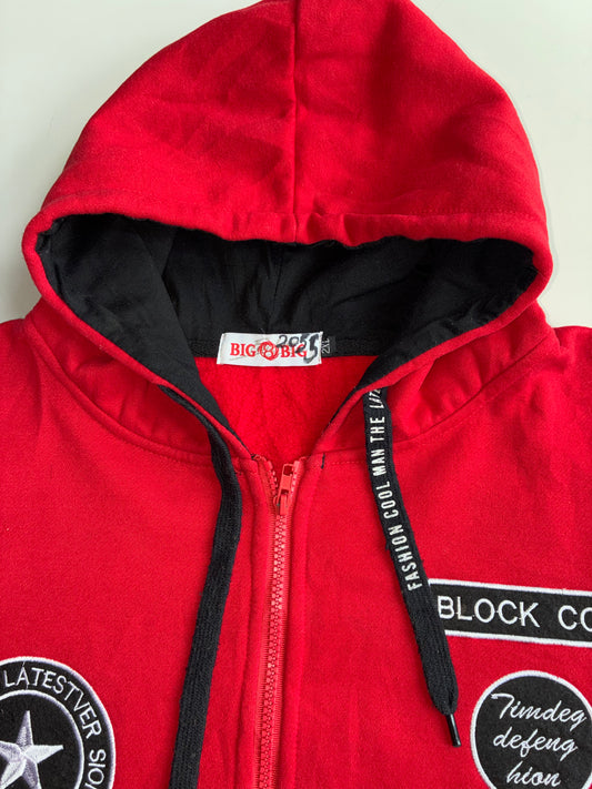 Big&Big Red Patch Zip Hoodie – Y2K Streetwear Badges |(XL)