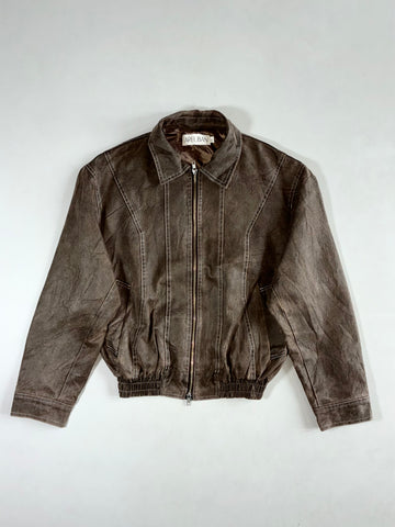 Areuban Distressed Brown Suede Zip Bomber with Contrast Stitching & Elastic Hem, (M)