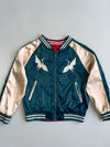 Japanese Souvenir Sukajan Crane Bonsai Embroidered Reversible Satin Bomber Jacket Teal (S)