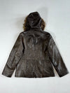 EMC Women’s Dark Brown Leather Hooded Jacket – Faux Fur Trim (M)