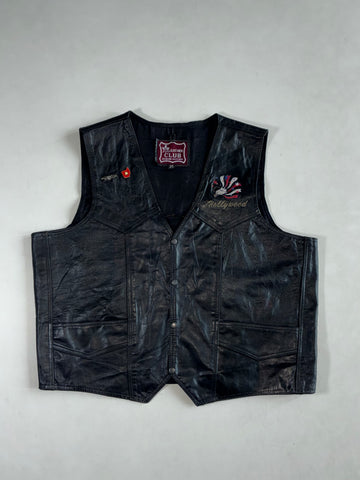 Vintage Leather Club Black Leather Biker Vest – Hollywood Eagle Embroidery & Pins (2XL)
