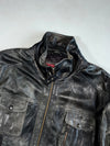 San Remo Vera Pelle Black Distressed Leather Jacket – Stand Collar & Cargo Pockets, Italian Label (XL)
