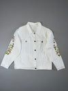 White Denim Jacket Floral Embroidered Sleeves Oversized Trucker Jacket Size (S)