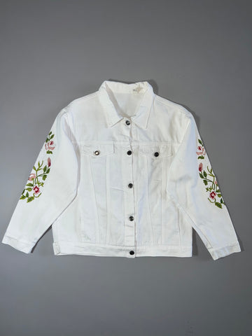 White Denim Jacket Floral Embroidered Sleeves Oversized Trucker Jacket Size (S)