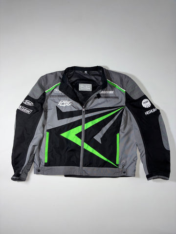 Grey & Black Motorcycle Racing Jacket with Neon Green Graphics & Sponsor Logos (3XL)
