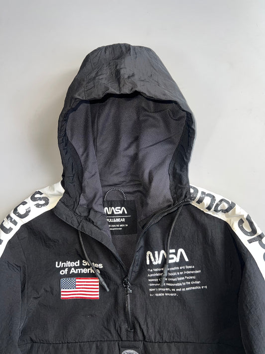 NASA x Pull&Bear Black Hooded Anorak Windbreaker with “National Aeronautics and Space Administration” Sleeve Tape (XS/S)
