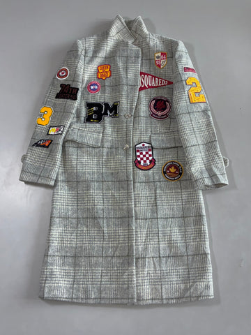 DSQUARED2 Multi-Patch Plaid Wool Trench Coat  Long Checkered Overcoat with Embroidered Patches (M)