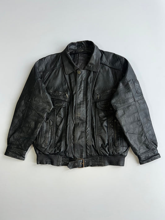 Vintage 90s Multi-Pocket Leather Bomber Jacket Belted Hem Black (L/XL)